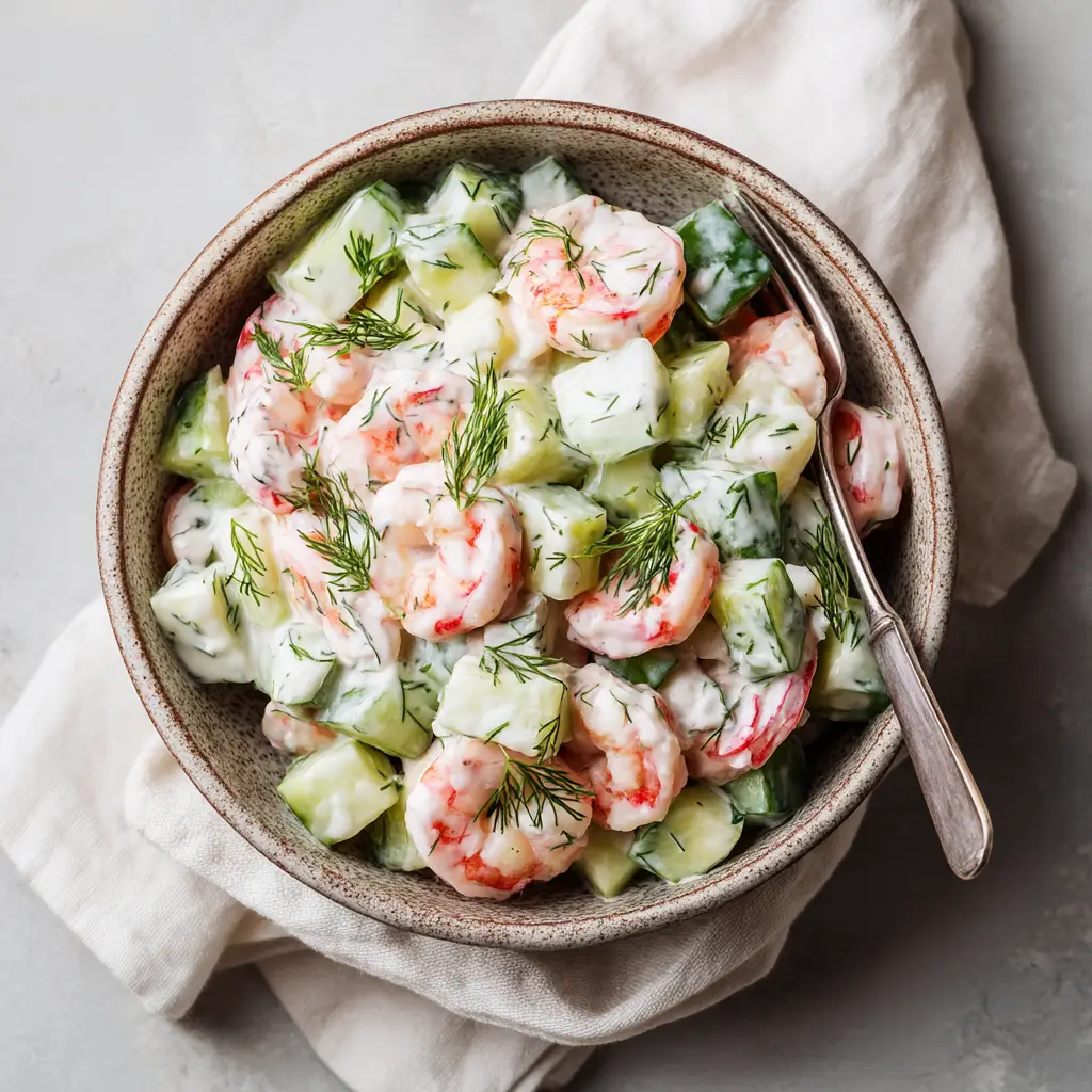 A serving of cold shrimp salad with cucumber on a plate, ready to eat. This appetizer is perfect for parties and gatherings.
