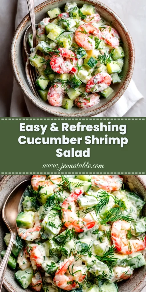 A large bowl of creamy cucumber shrimp salad, garnished with fresh dill. This refreshing and easy recipe is perfect for a healthy lunch or light dinner.