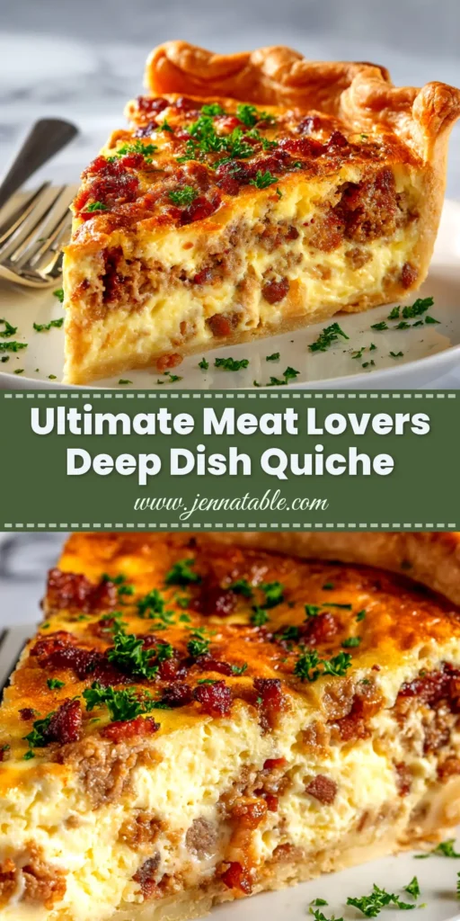 A thick slice of Deep Dish Meat Lovers Quiche on a plate, showcasing layers of sausage, bacon, and cheese in a golden crust. The perfect hearty brunch recipe.