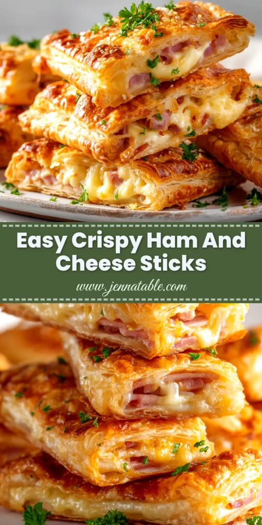 A platter of golden-brown, flaky ham and cheese sticks, with one broken in half to show the gooey, melted cheese inside. A small bowl of marinara dipping sauce is nearby.