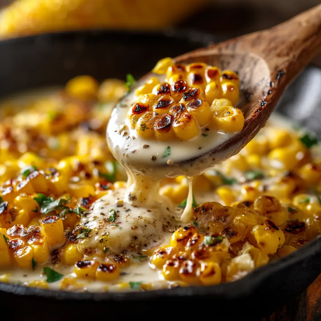 Honey Butter Skillet Corn: The Ultimate 20-Minute Side Dish 1 A spoonful of honey butter corn being lifted from a black cast iron skillet, showcasing the delicious, saucy texture of the easy corn side dish.