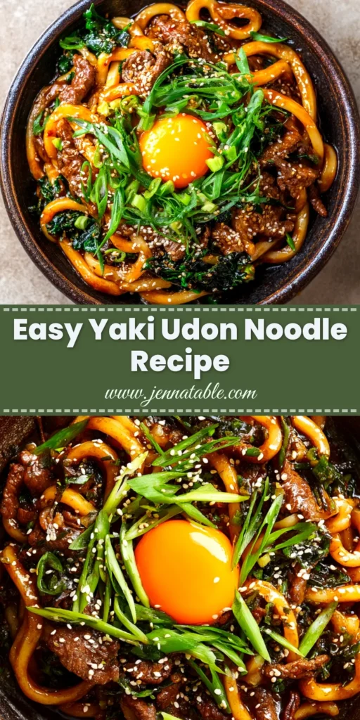 An overhead shot of a delicious bowl of homemade Yaki Udon, with thick noodles, chicken, and vegetables coated in a savory sauce. The perfect easy Japanese stir-fried noodle recipe.