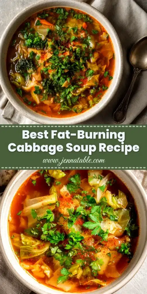 A large white bowl filled with delicious fat-burning cabbage soup, garnished with fresh parsley. This weight loss soup is packed with vegetables and flavor.