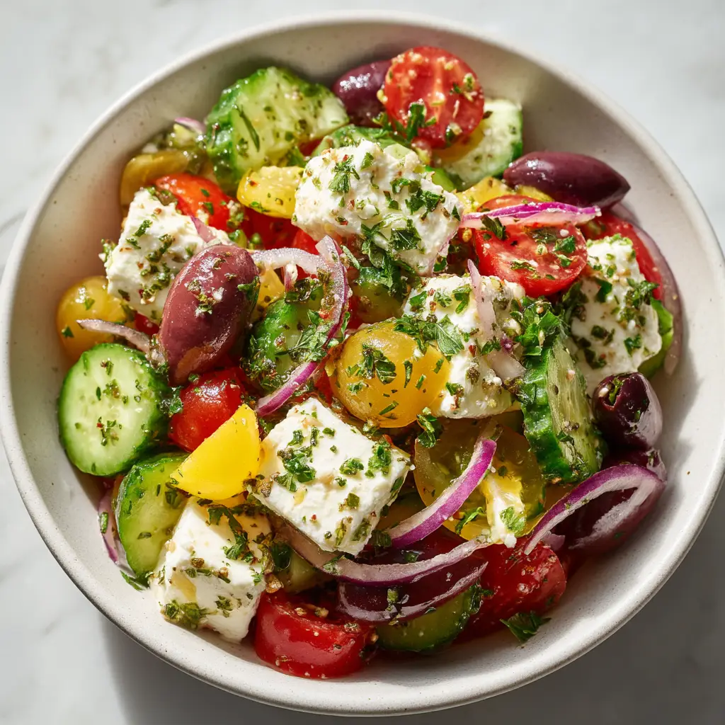 A beautiful bowl of the finished Greek cottage cheese salad, ready to be served as a light and refreshing meal.