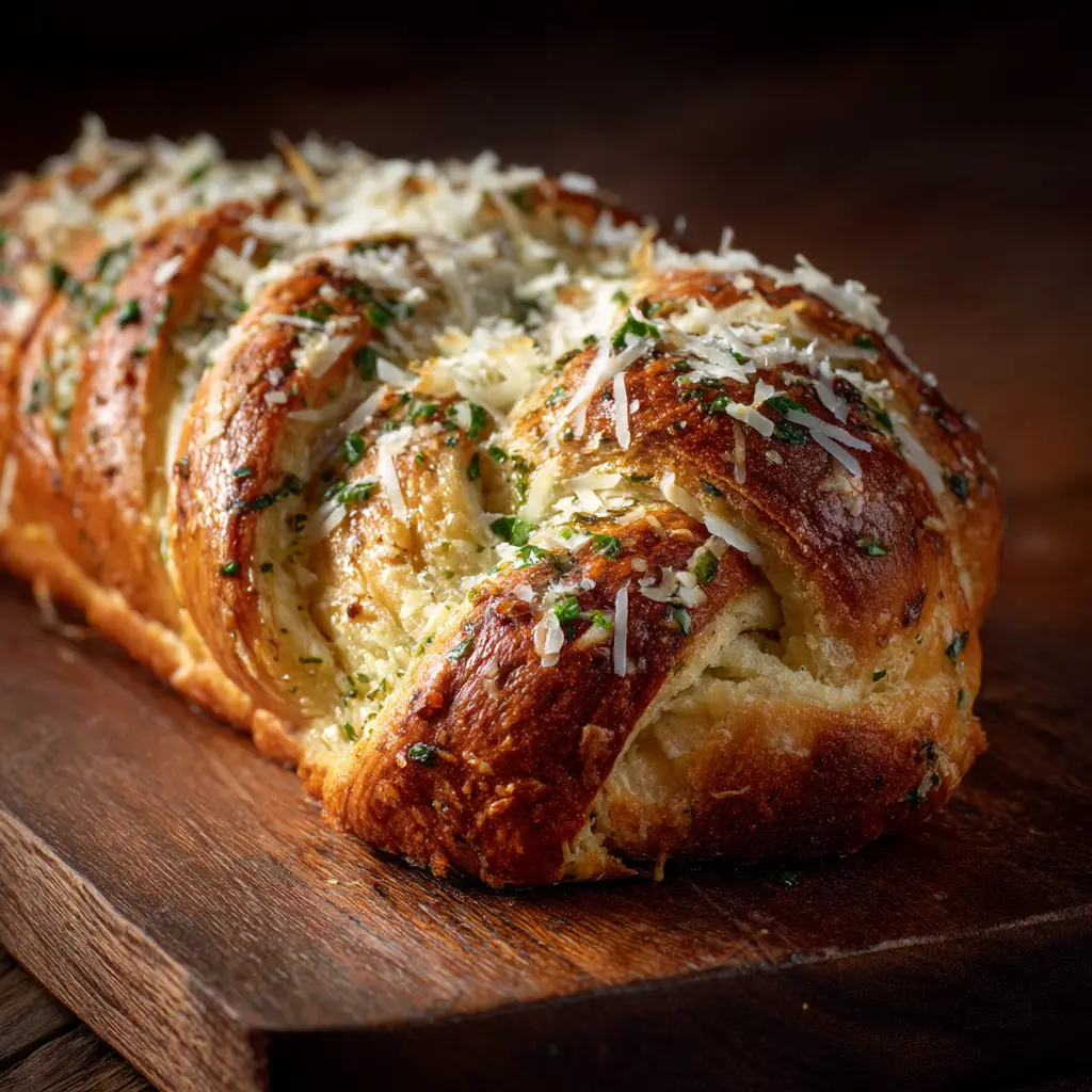 A loaf of warm homemade parmesan bread with a soft, fluffy interior being pulled apart.
