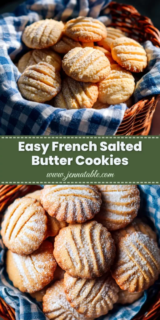 A stack of French salted butter cookies tied with kitchen twine, with a single cookie broken in half to show the crumbly texture. The perfect Sablés Bretons recipe.