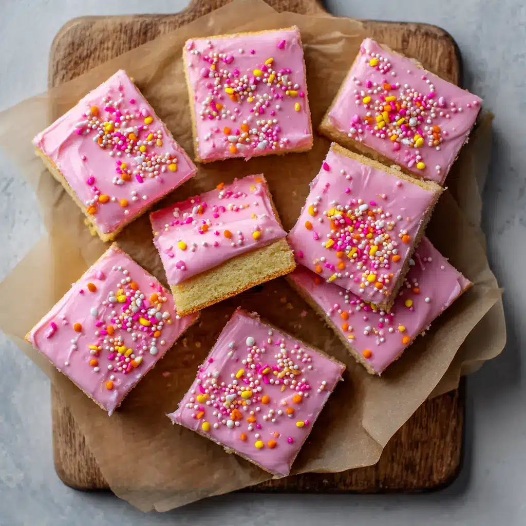A top-down flat lay of frosted sugar cookie bars, showcasing their soft texture and vibrant pink frosting.