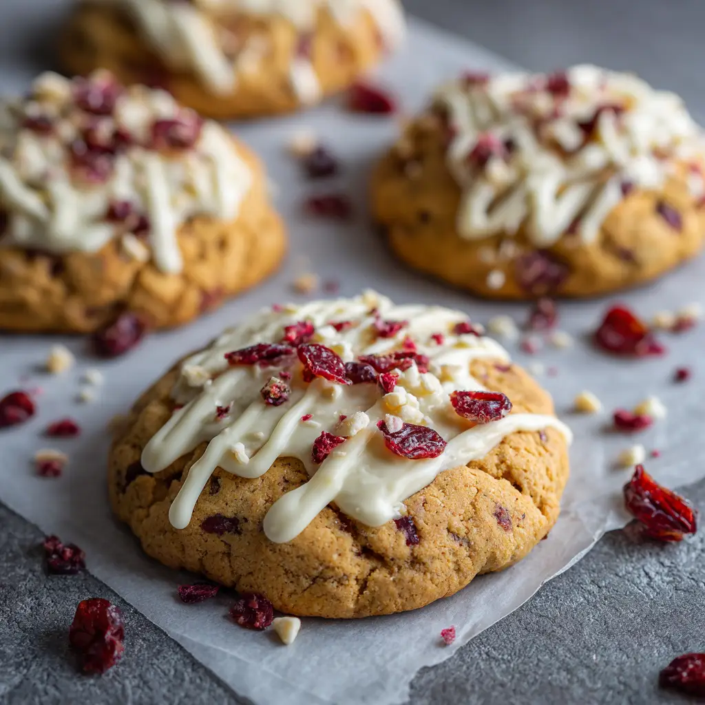 A close-up action shot of cream cheese frosting being spread onto a chewy cranberry bliss cookie. Other finished cookies are visible in the background.