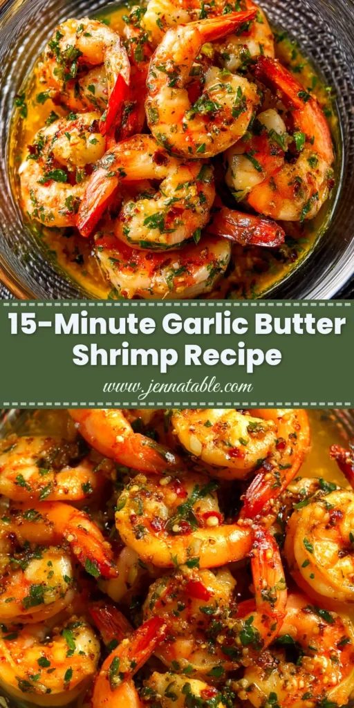 An overhead shot of a skillet full of delicious garlic butter shrimp, garnished with fresh parsley. The perfect 15-minute dinner idea.