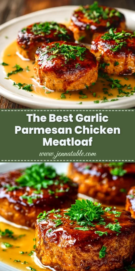 Garlic Parmesan Chicken Meatloaf: The Ultimate Comfort Meal 3 A delicious and juicy slice of Garlic Parmesan Chicken Meatloaf on a white plate, topped with a sweet glaze and fresh parsley. The perfect easy and healthy dinner idea.