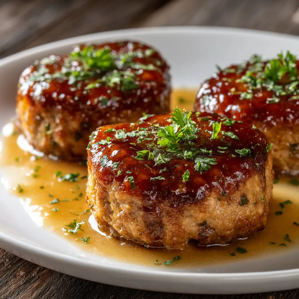 Individual medallions of homemade garlic parmesan chicken meatloaf arranged artfully on a serving platter, garnished with fresh herbs.