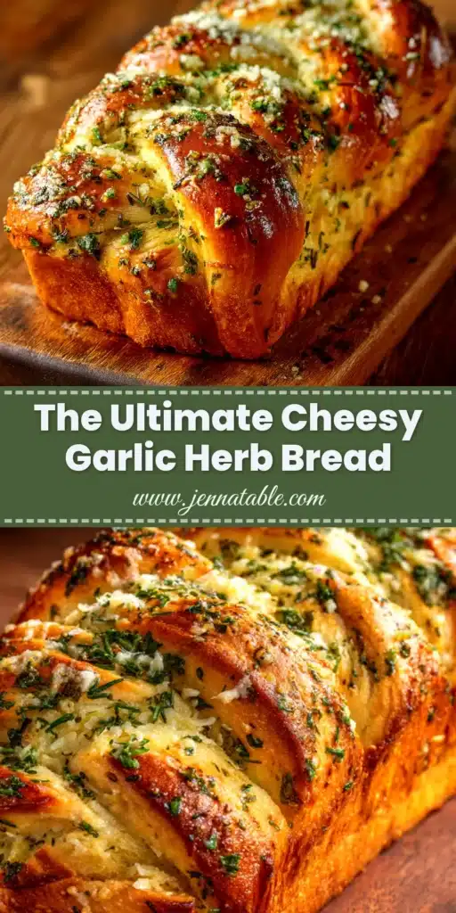 A golden loaf of homemade Garlic Parmesan Herb Bread on a wooden board, ready to be sliced and served.