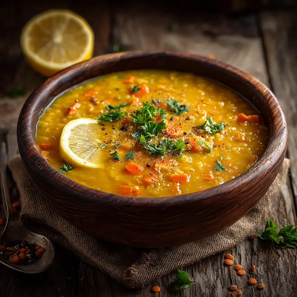A close-up shot of the vibrant, golden anti-inflammatory lentil soup simmering in a pot, showing its rich texture and ingredients.