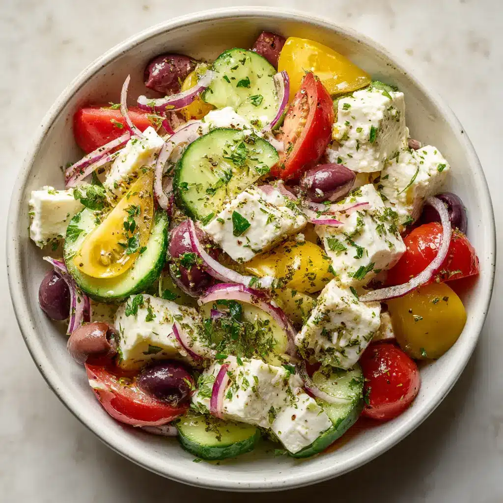 A close-up shot of the fresh ingredients for a healthy Greek cottage cheese salad, including cherry tomatoes, cucumbers, and feta cheese.