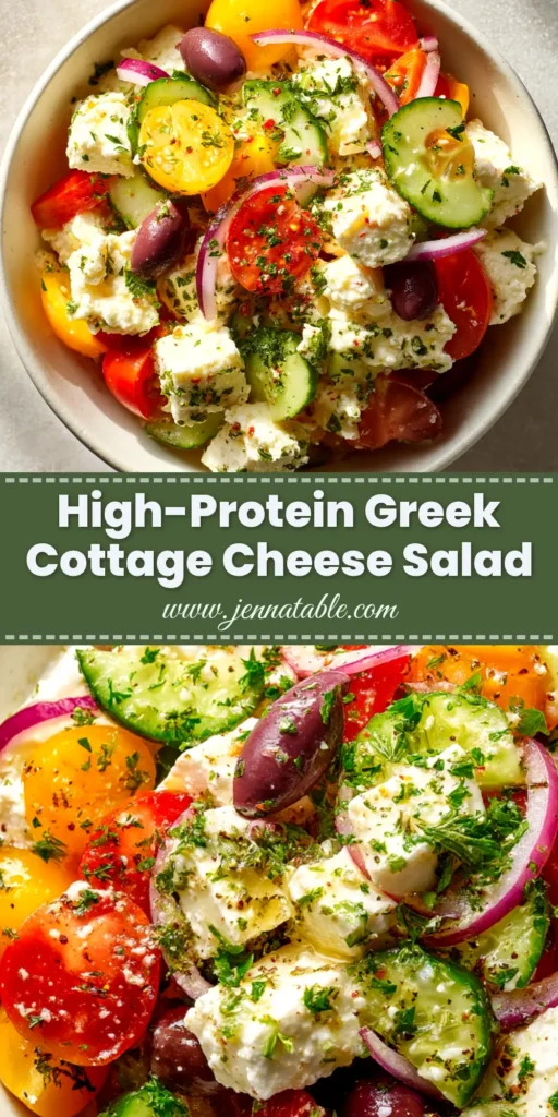 An overhead shot of a delicious Greek Cottage Cheese Salad in a white bowl, topped with fresh dill. Perfect for a healthy and high-protein lunch.