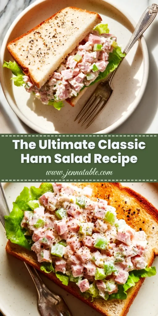 A close-up overhead shot of a delicious ham salad recipe served in a white bowl with crackers, ready to be pinned.