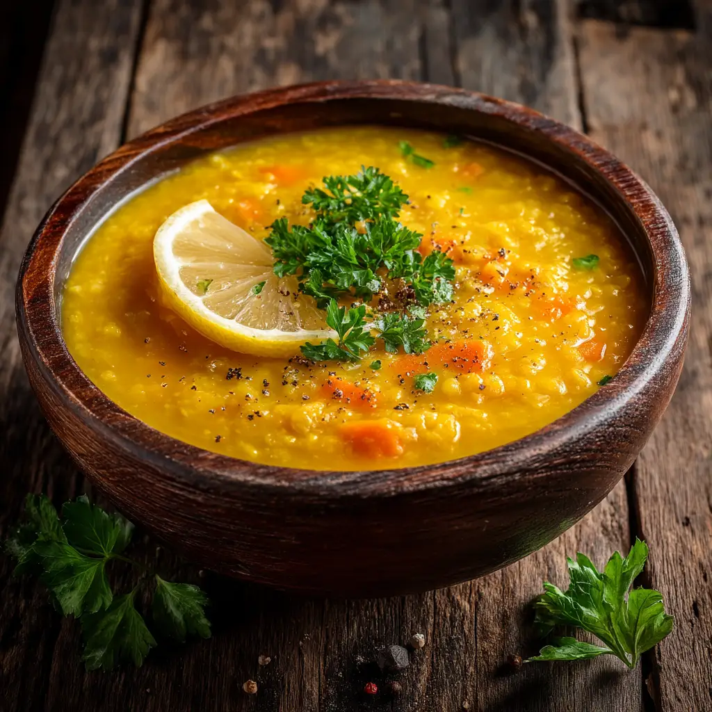 A finished bowl of healing lentil soup, garnished with fresh spinach and a slice of lemon, ready to eat.