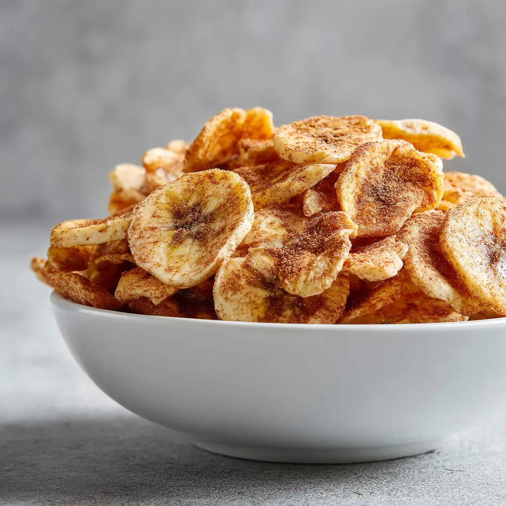 A top-down view of golden-brown air-fried banana chips scattered on a neutral background, highlighting their crunchy texture and even cooking.