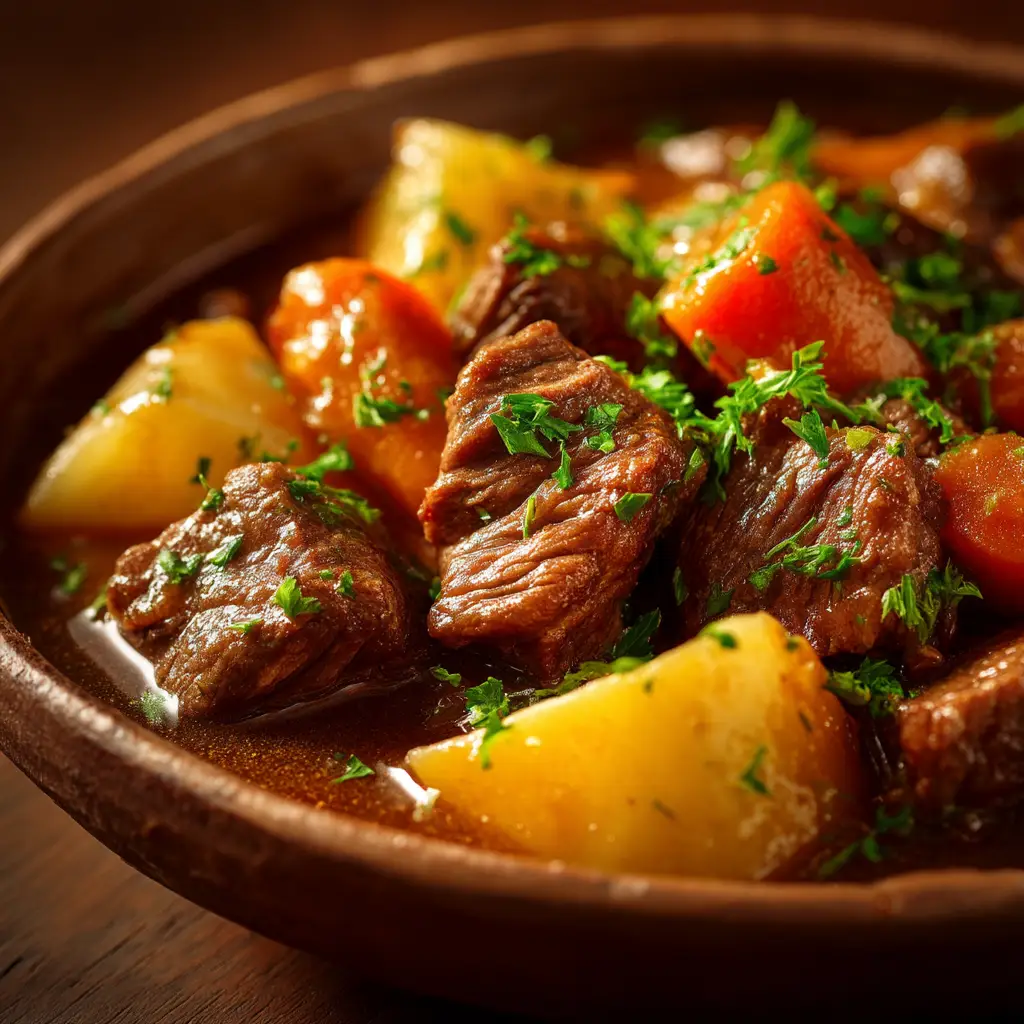 A spoonful of hearty Crockpot Beef Stew being lifted from a bowl, showcasing the thick, rich gravy and chunks of beef and carrots.