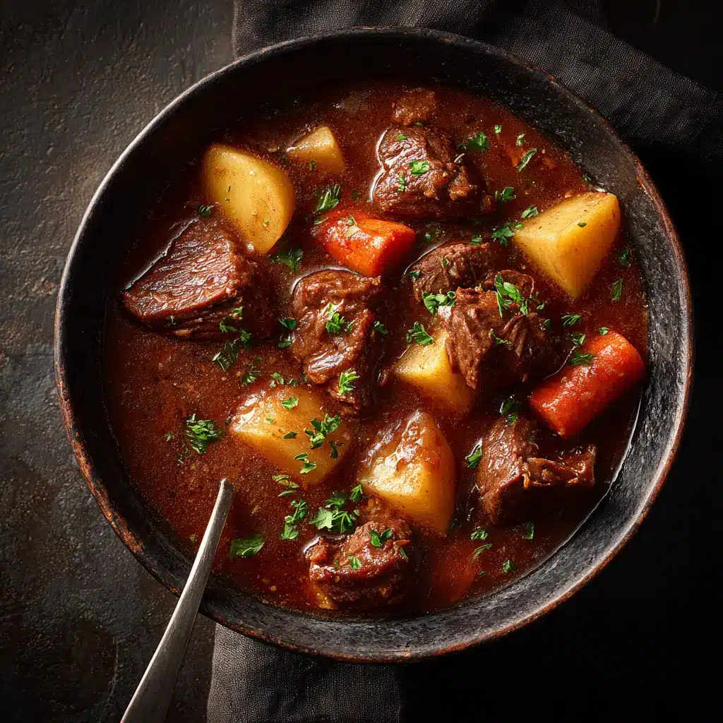 A comforting bowl of Puerto Rican beef stew being served, with steam rising from the rich, savory broth.