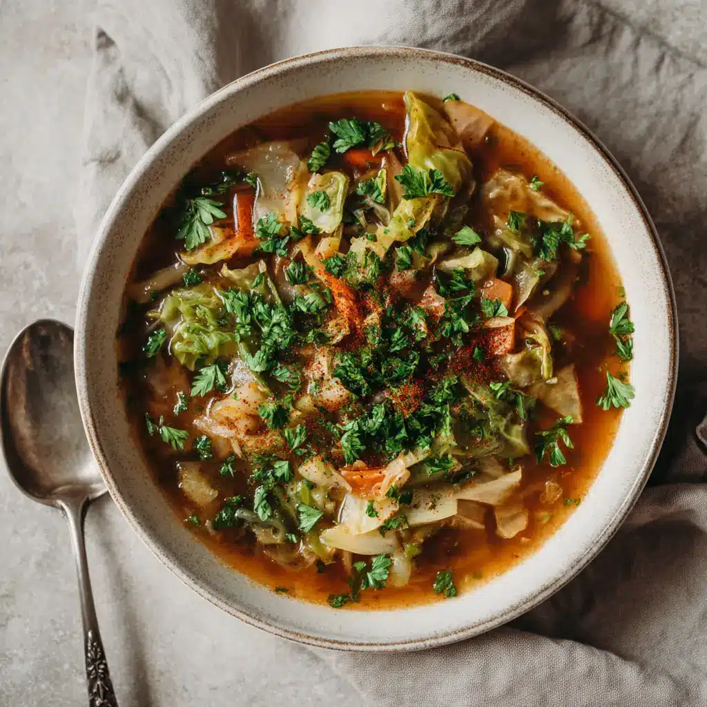 A rustic off-white bowl of hearty weight loss soup, showcasing the chunky vegetables like carrots, celery, and cabbage in a savory broth.
