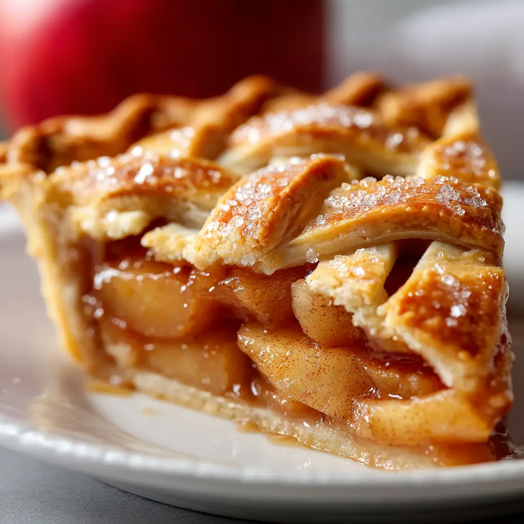 Home 8 A perfect slice of homemade apple pie on a white plate, showing the tender apple filling and flaky pie crust.