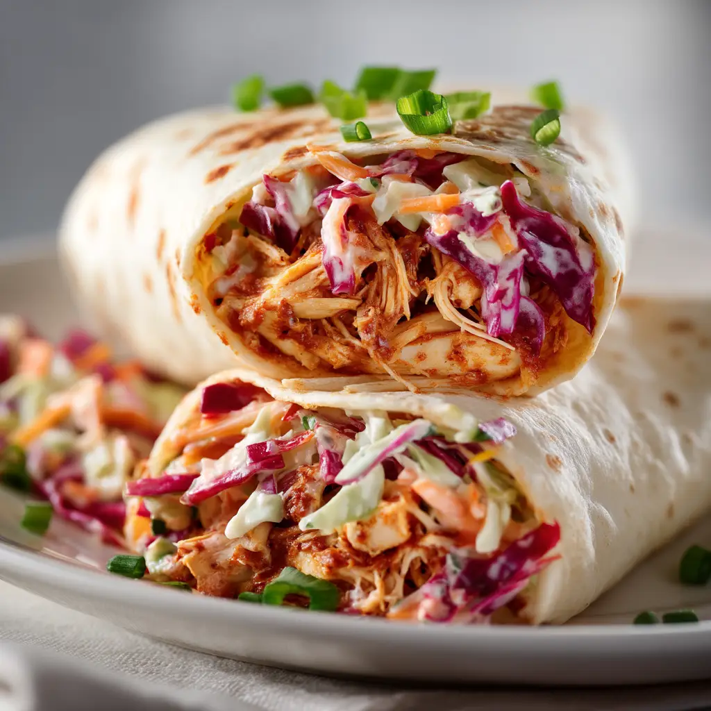 BBQ Chicken Wraps (Quick & Easy Recipe!) 2 An extreme close-up of two crispy BBQ chicken wraps stacked on a plate, showing the melted cheese and chicken filling.