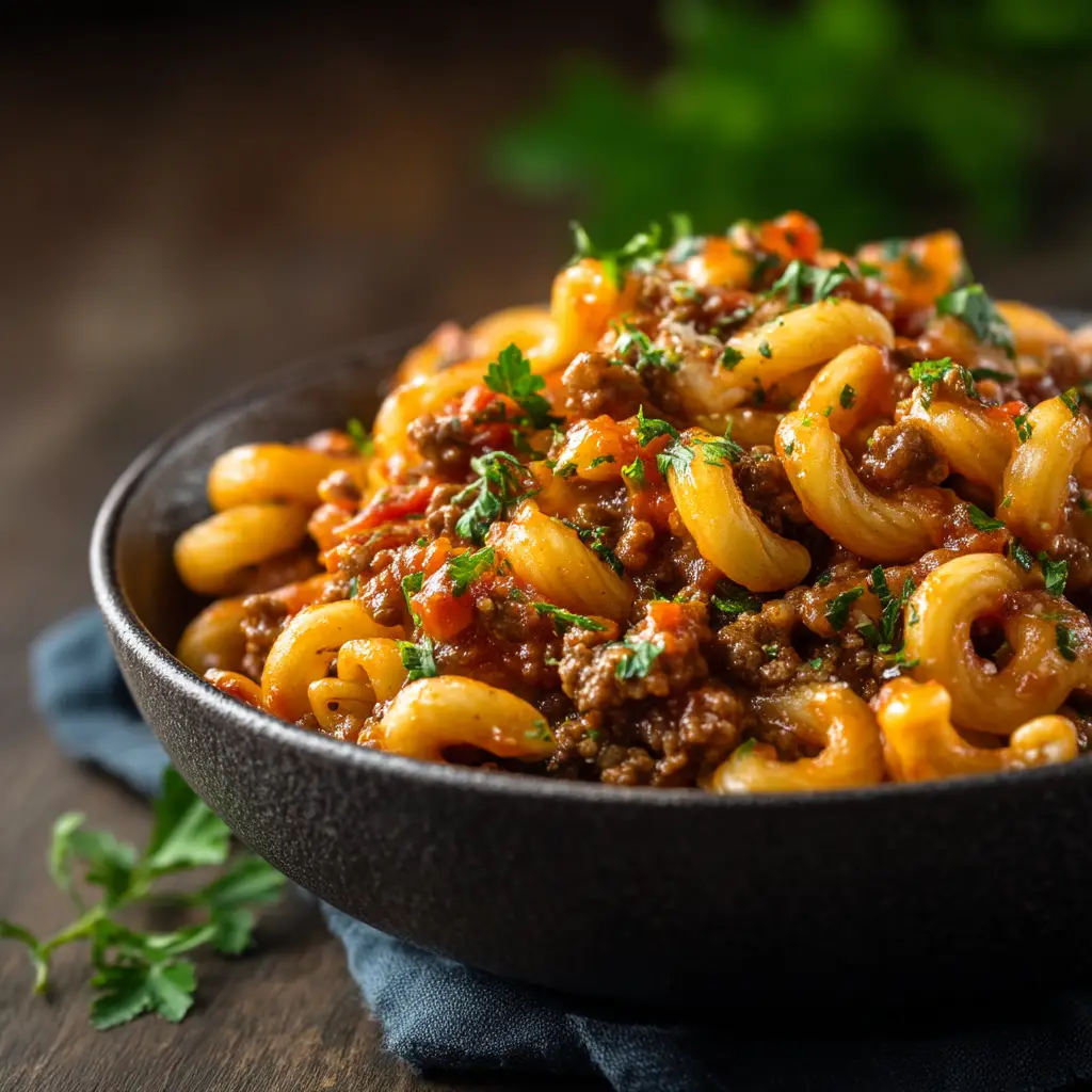 An extreme close-up shot of homemade beefaroni, showing the texture of the cheesy tomato sauce, ground beef, and macaroni pasta.
