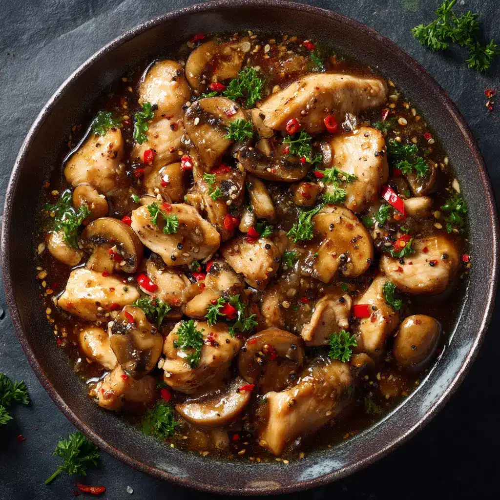 Black Pepper Chicken (Better Than Takeout!) 2 A close-up shot of Black Pepper Chicken stir-fry in a bowl with white rice. The tender chicken pieces are coated in a savory, glossy sauce.