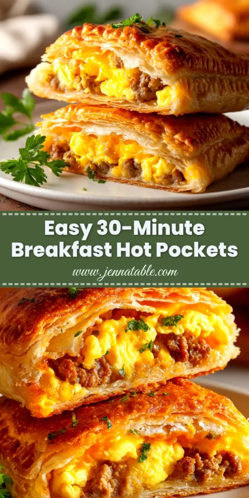A tall image of two homemade breakfast hot pockets stacked, with a text overlay for Pinterest that reads 'Easy Homemade Breakfast Hot Pockets'.