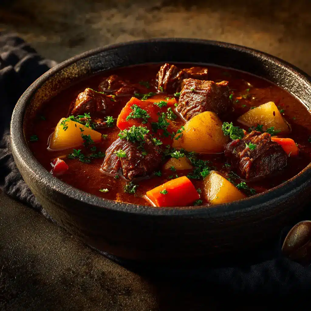 A close-up view of homemade Carne Guisada in a rustic bowl, highlighting the tender chunks of beef and chunks of potatoes and carrots.