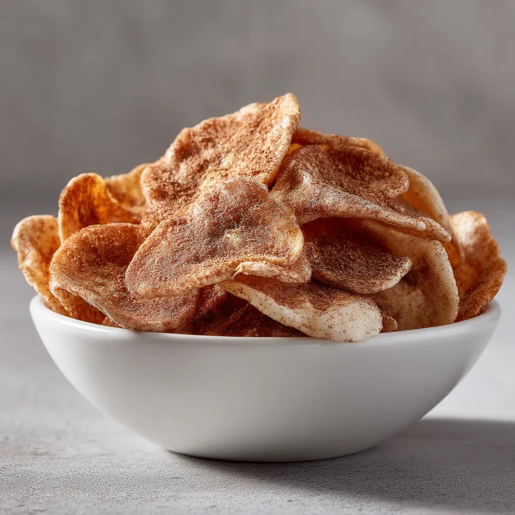 A batch of homemade banana chips being tipped from a bowl onto a surface. The chips are thinly sliced and golden brown, showing their crispy texture.