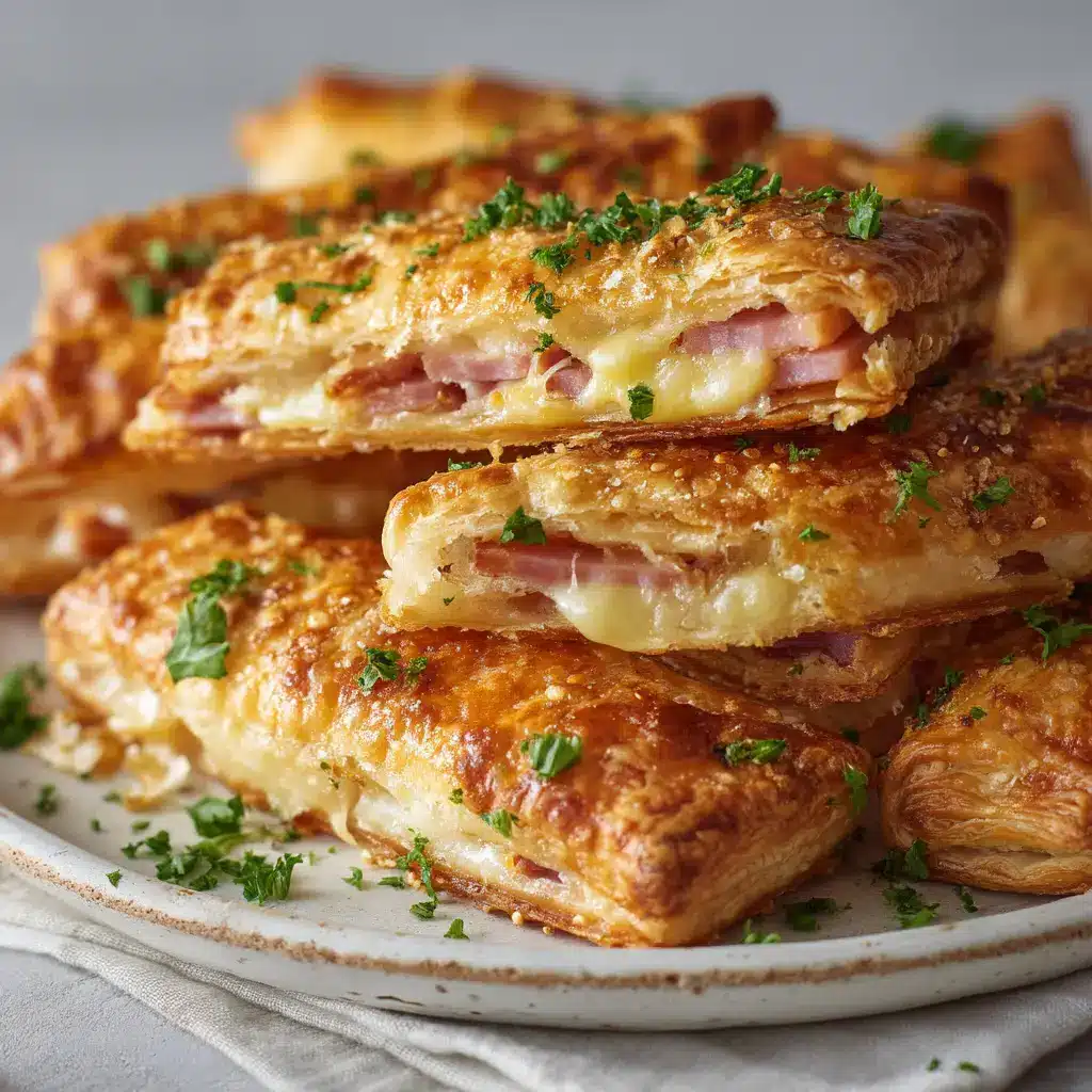 A tray of freshly baked ham and cheese sticks ready to be served, garnished with a sprinkle of fresh parsley for a pop of color.