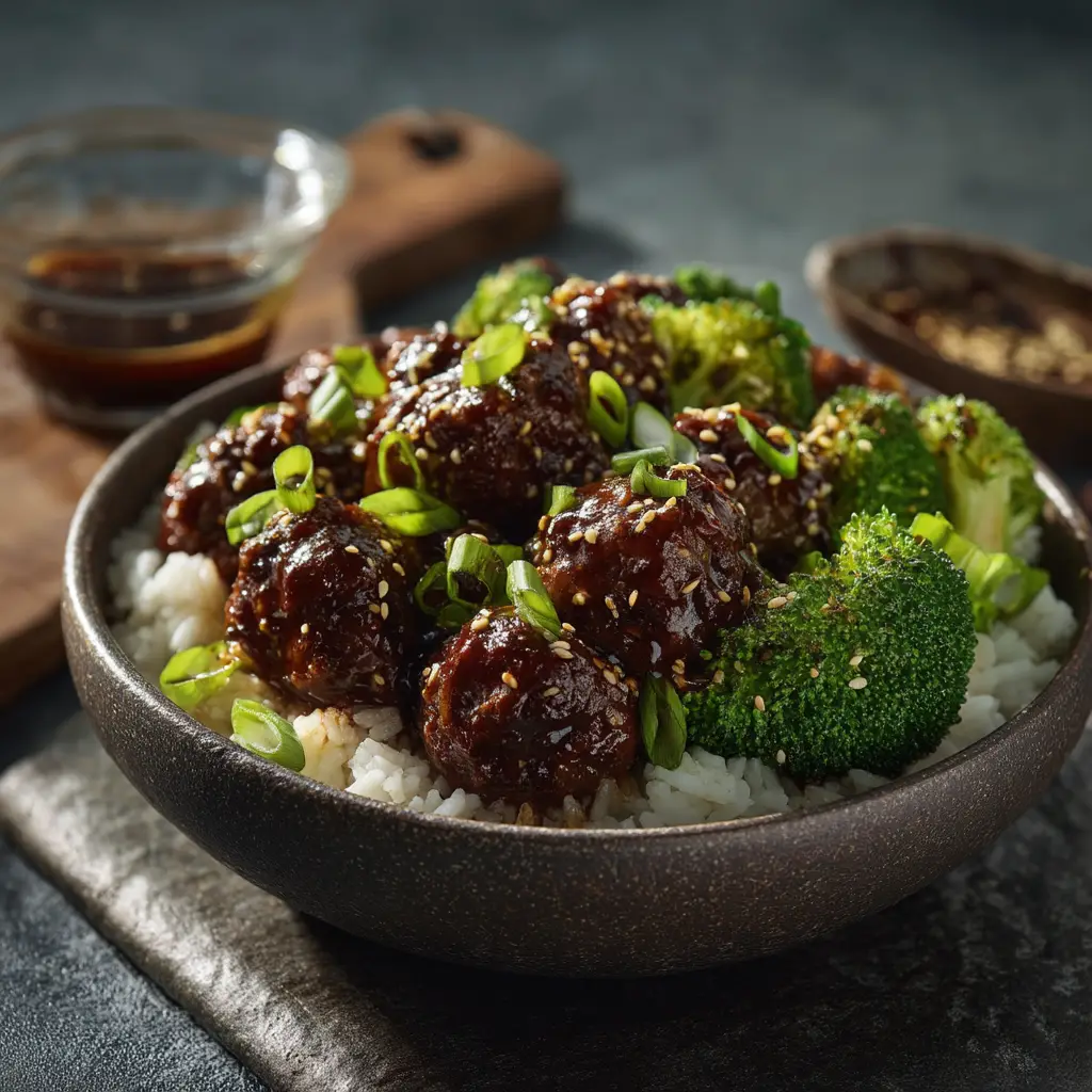 A rustic ceramic bowl filled with homemade Mongolian meatballs coated in a glossy, dark sauce and garnished with sliced green onions.