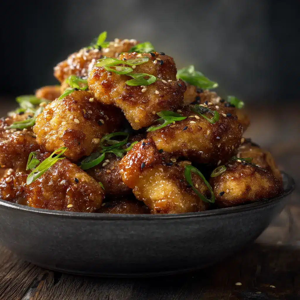 A serving of honey butter chicken bites over a bed of white rice, garnished with sesame seeds, showcasing a perfect weeknight meal.