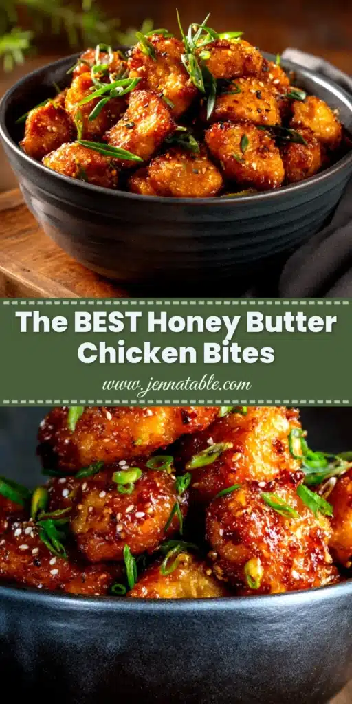 A top-down view of Honey Butter Chicken Bites in a white bowl, garnished with green onions. The perfect easy weeknight dinner recipe.