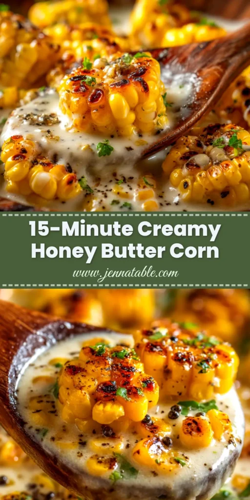 Honey Butter Skillet Corn: The Ultimate 20-Minute Side Dish 3 A top-down view of Honey Butter Skillet Corn in a cast iron skillet, garnished with fresh parsley. The corn is golden and glossy from the honey butter sauce.