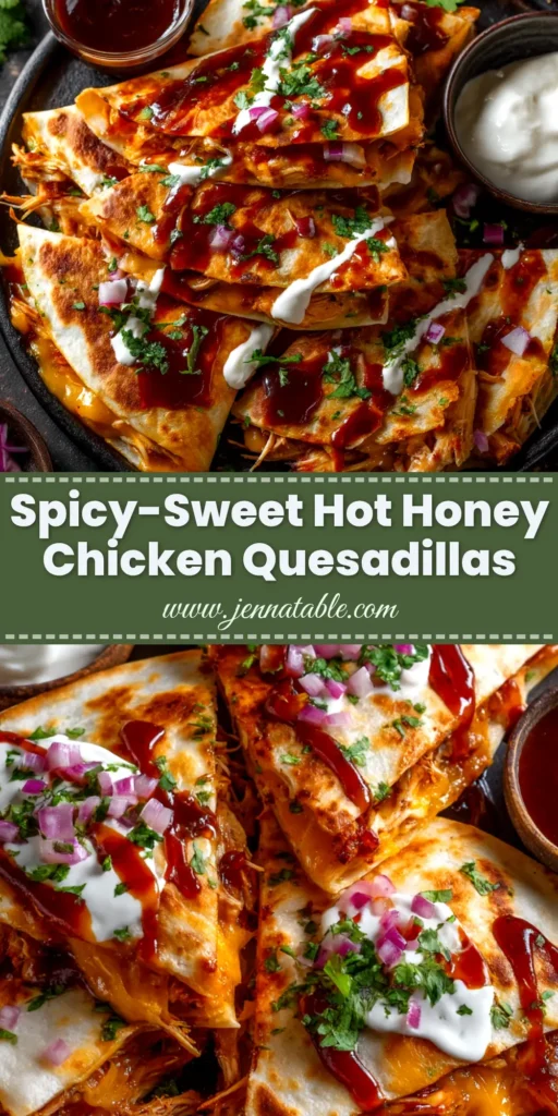 Hot Honey Chicken Quesadillas: Sweet, Spicy, and Extra Cheesy 3 A stack of freshly made hot honey chicken quesadillas cut into wedges, with melted cheese oozing out and a side of dipping sauce.