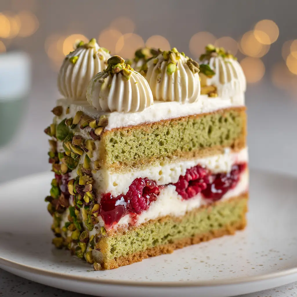 Pistachio Raspberry Cake: A Stunningly Moist & Flavorful Recipe 1 Assembling the pistachio raspberry cake, with raspberry filling being spread on the bottom layer of pistachio sponge cake.