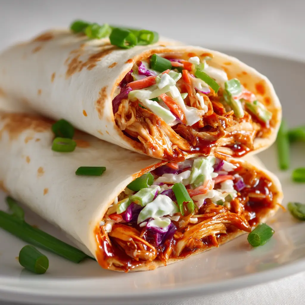BBQ Chicken Wraps (Quick & Easy Recipe!) 1 A shot of a BBQ chicken tortilla wrap being assembled, showing the process of adding the shredded chicken mixture.