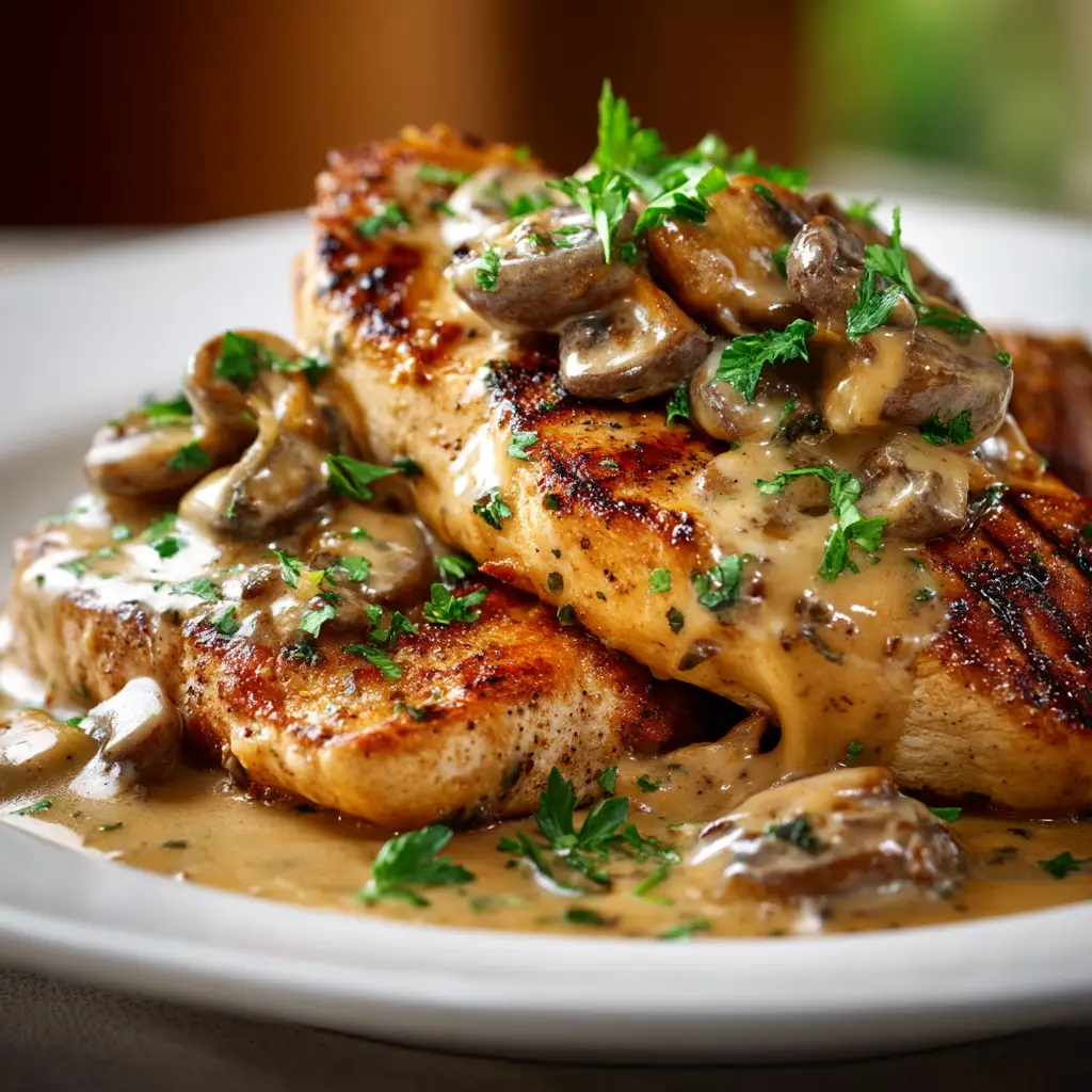 Two cooked chicken breasts in a skillet being topped with sautéed vegetables and cheese before melting.