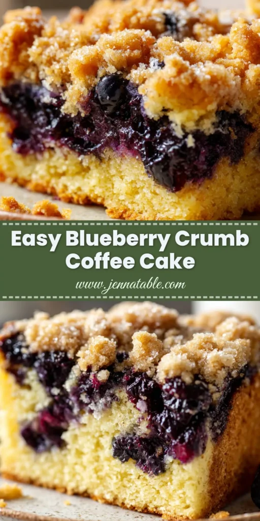 A close-up view of a slice of moist blueberry coffee cake resting on a small ceramic plate, showcasing a dense golden sponge and jammy berries.