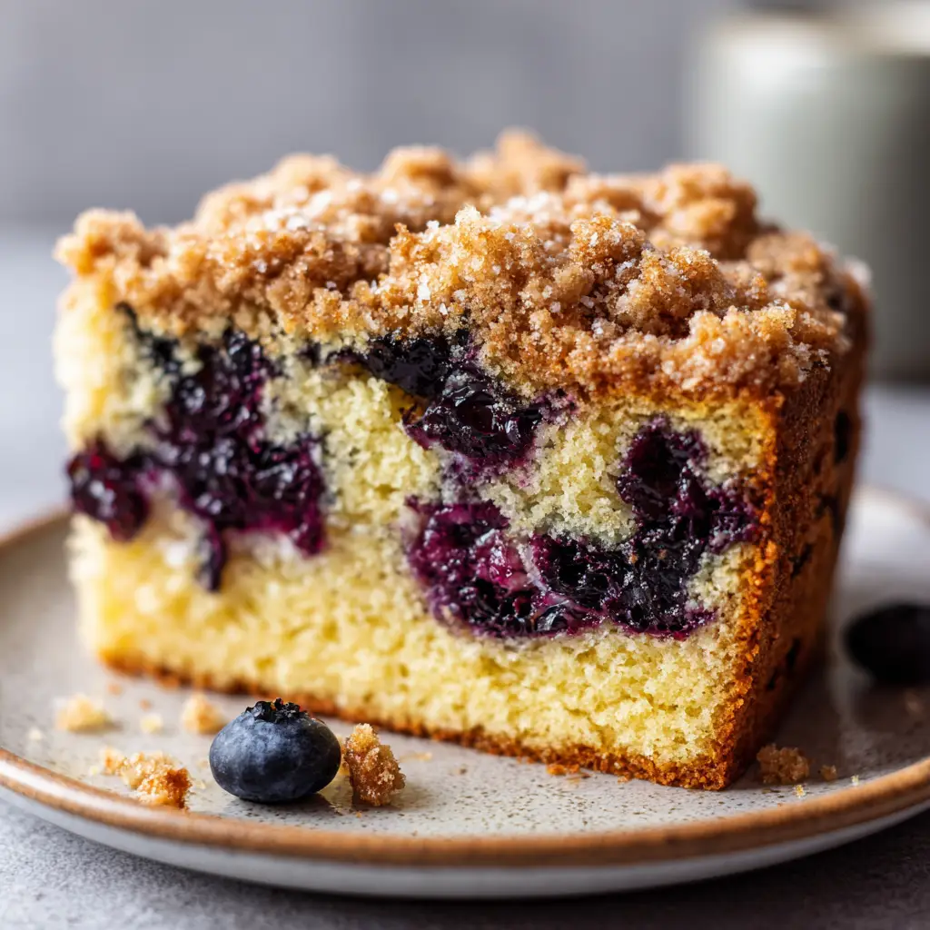 Macro shot of a thick, golden-brown buttery streusel crumb topping with visible sugar crystals on a Blueberry Coffee Cake.