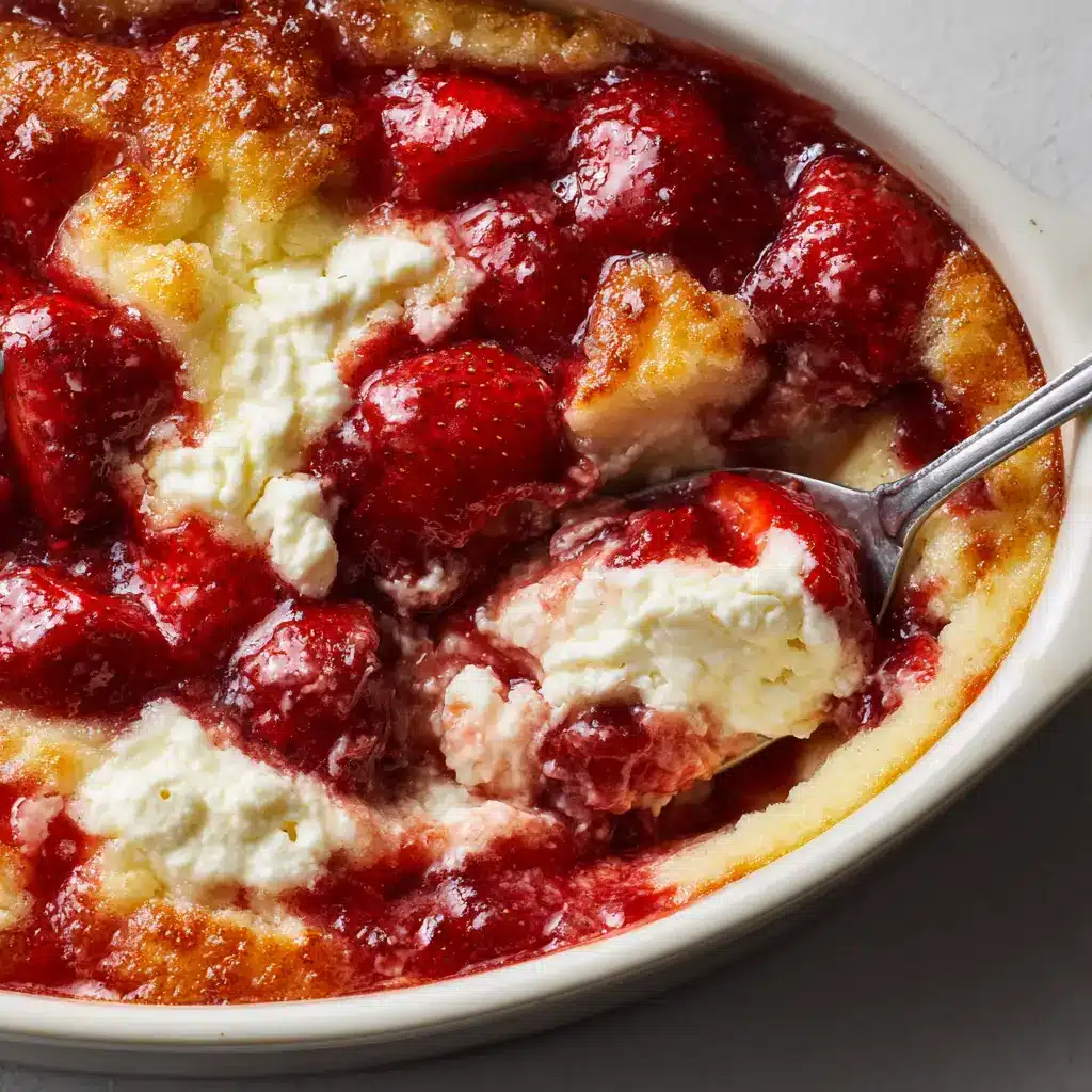 Melted creamy white dollops of rich cream cheese interspersed within whole glazed strawberries and topped with a crumbly baked vanilla cake mix.