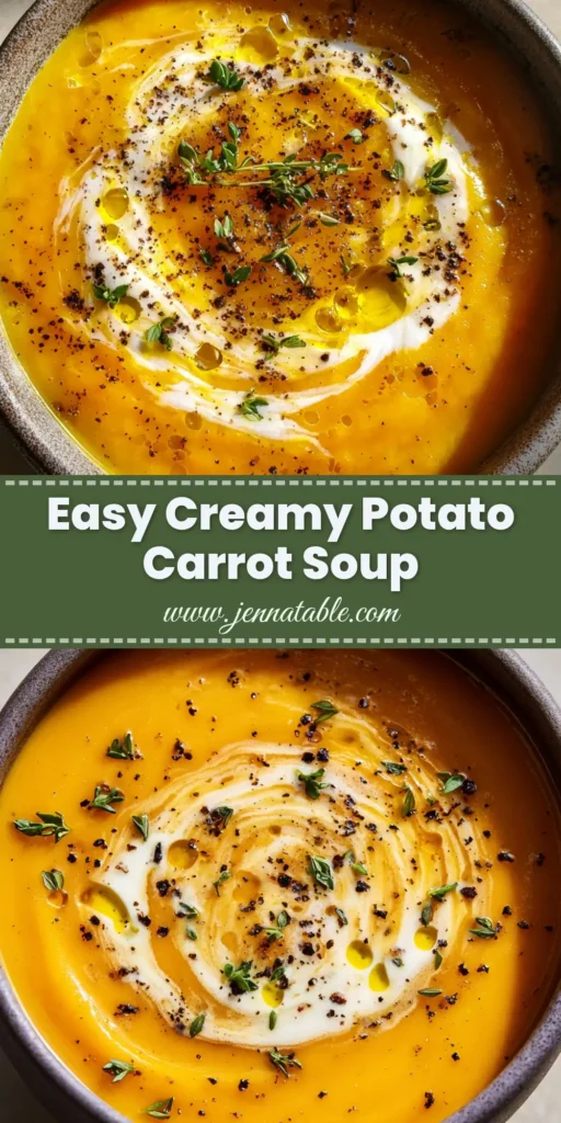 A rustic matte ceramic bowl filled with thick blended golden-orange potato carrot soup, topped with a swirl of heavy cream, drops of olive oil, cracked black pepper, and fresh thyme.