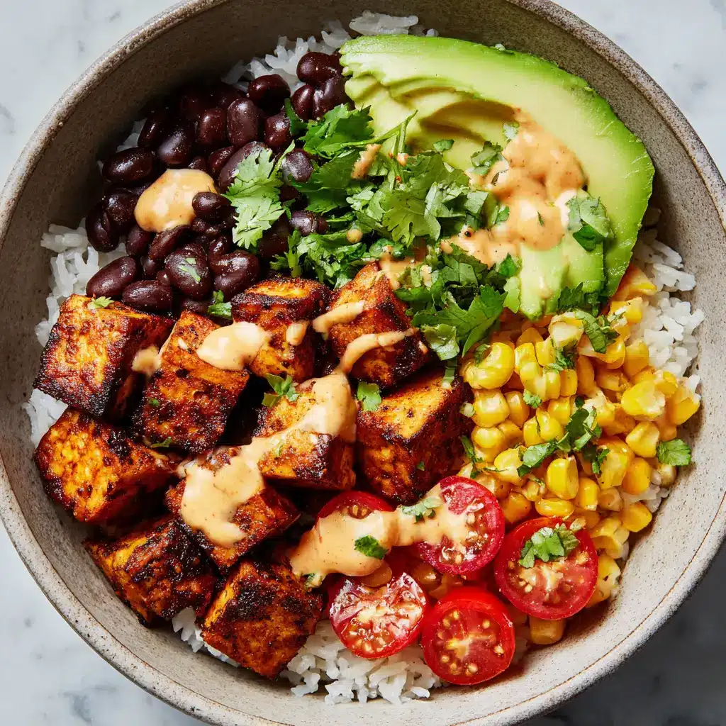 Top-down view of a neatly arranged spicy baked tofu burrito bowl showing black beans, roasted corn, cilantro, and orange sauce.