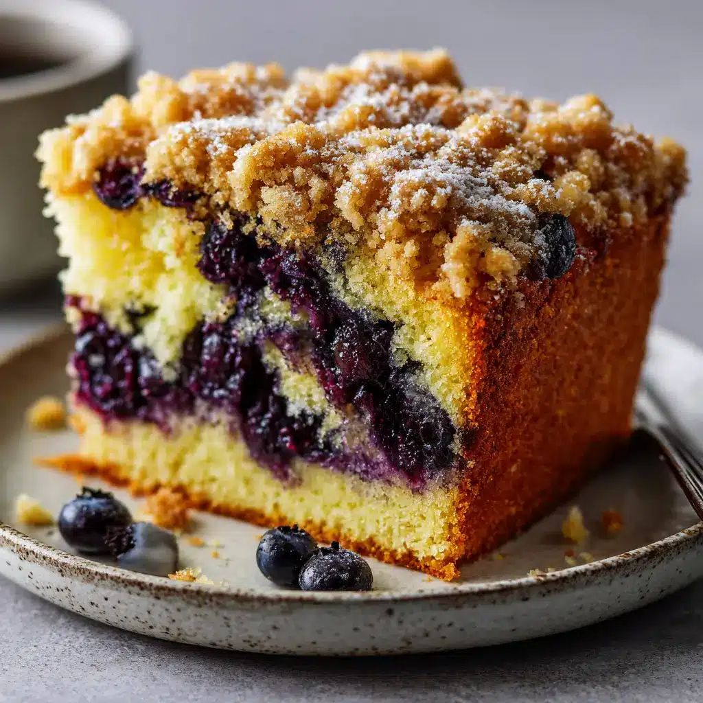 Side angle view of a slice of Blueberry Coffee Cake with dark purple burst blueberries and a few loose crumbs scattered on a plate.