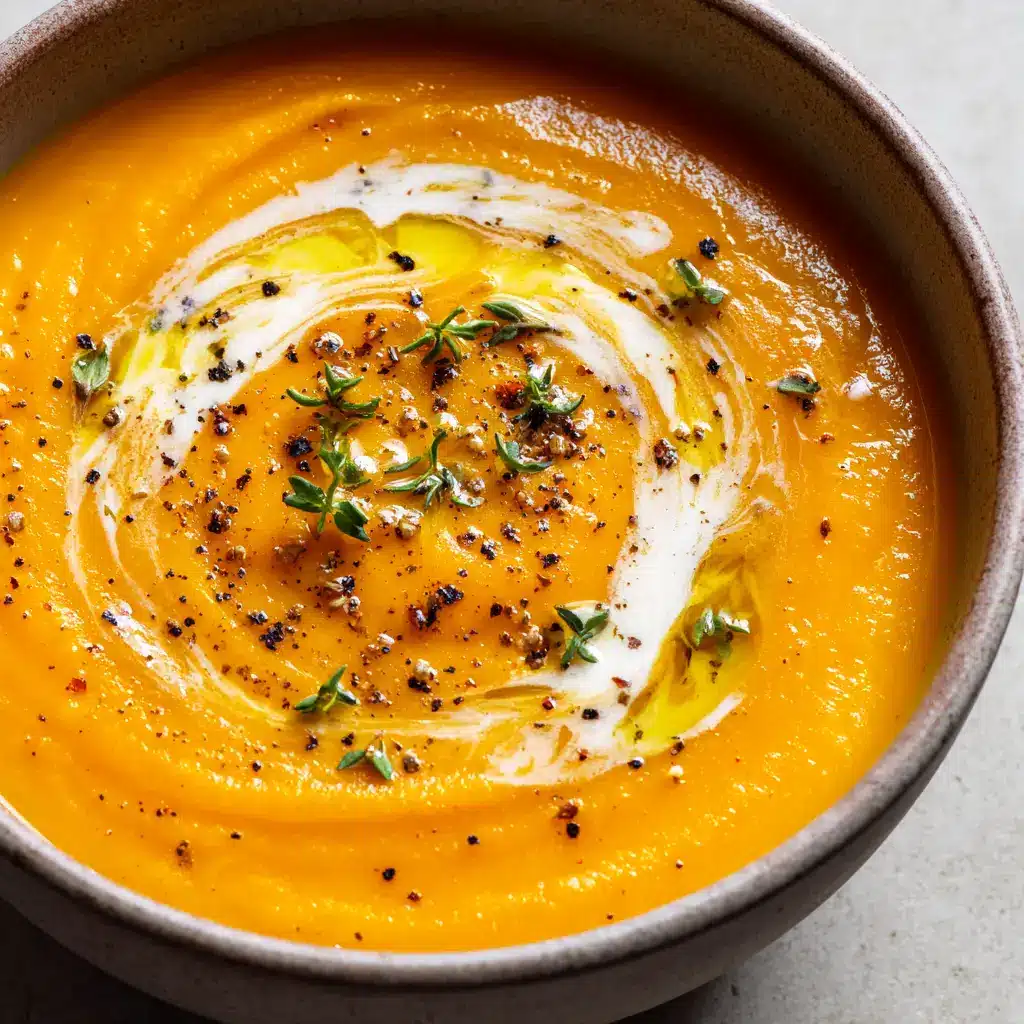 Thick golden-orange potato carrot soup surface garnished with white cream swirl, golden olive oil drops, and tiny green thyme leaves.