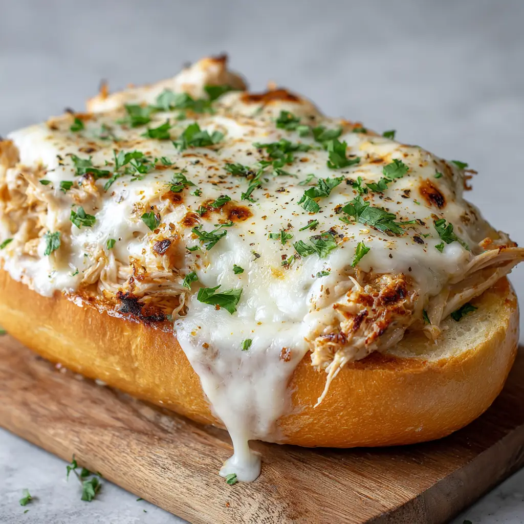 Melted mozzarella cheese beautifully garnished with chopped fresh green parsley and coarse black pepper flakes over a chicken sandwich.