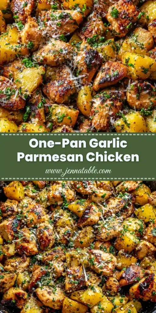 A rustic dark cast iron skillet filled with golden-brown seared chicken breast chunks and roasted diced baby yellow potatoes with crispy edges, coated in a glossy garlic butter sauce. (Garlic Parmesan Chicken and Potatoes)